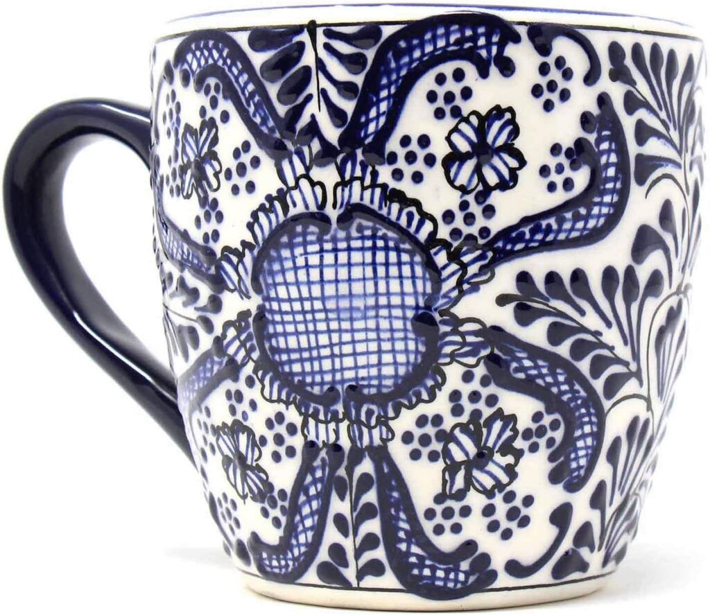 Global Crafts Encantada Handmade Hand-Painted Authentic Mexican Pottery Mugs (1-Pack, Cobalt Blue Flower)