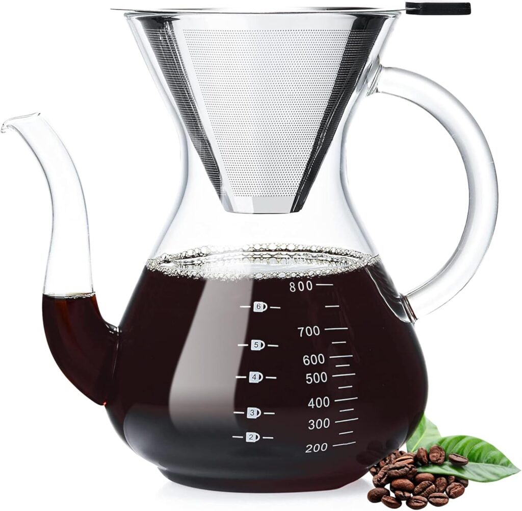 Unbreakable – Pour Over Coffee Maker with Double Stainless Filter 34 fl oz, Thickened Heat-Resistant Borosilicate Glass Pour Over Coffee Dripper, Stovetop Safe