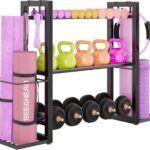 3-Tier Adjustable Dumbbell Rack Heavy Duty Metal Storage Rack, Dumbbell Weight Rack and Kettlebells Rack, Yoga Mat Organizer, Multi-Purpose Gym Equipment Storage Stand for Home Gym Accessories