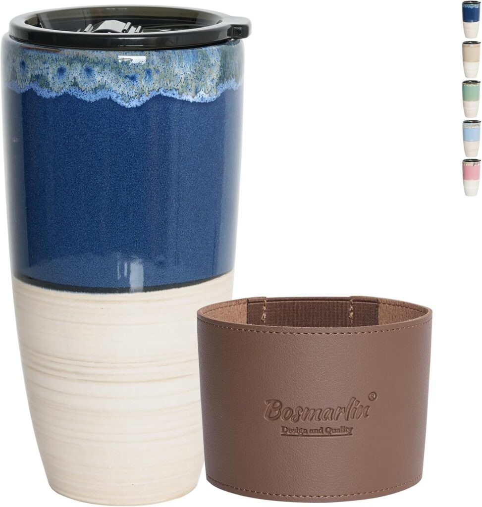 Bosmarlin Ceramic Travel Coffee Cup with Lid, 21 oz, Portable Coffee Mug for Car Cup Holder, Microwave and Dishwasher Safe, Reactive Glaze (Deep Blue)