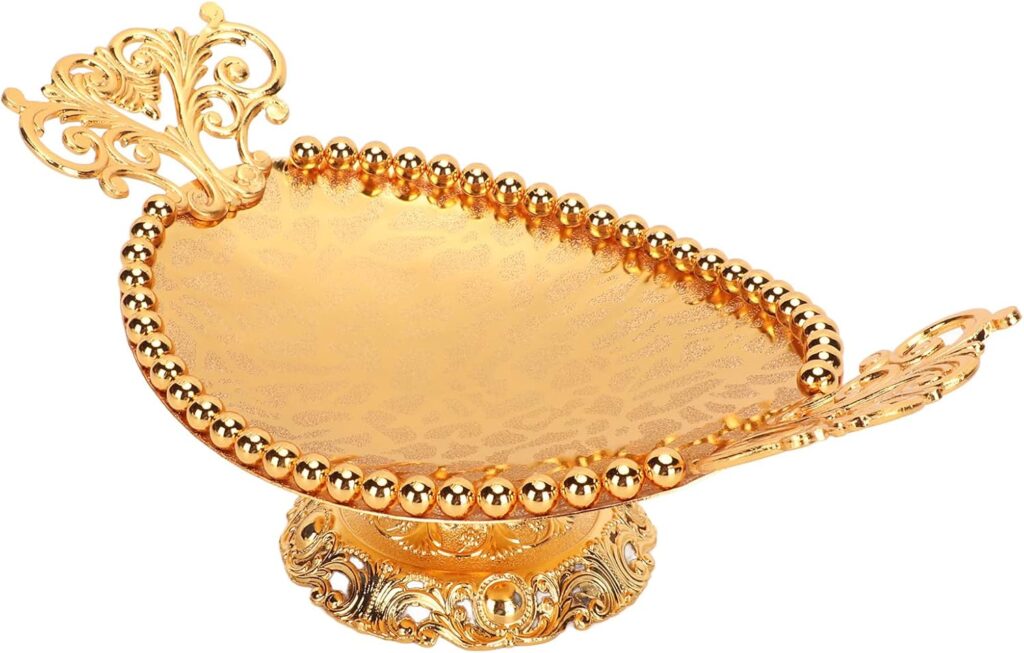 Vintage Engraved Serving Tray, Alloy Decorative Ellipse, 8.5x24cm, Golden