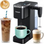 Single Serve Coffee Maker with Built-in Detachable Milk Frother, Iced and Hot Coffee Machine for K Cup & Grounds, 40oz Removable Water Reservoir, 6 Cup Sizes, Fits 7.3″ Travel Mug, Black