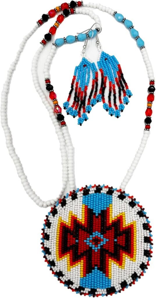 Handmade Southwestern Native American Inspired Beaded Medallion Necklace Earrings Set