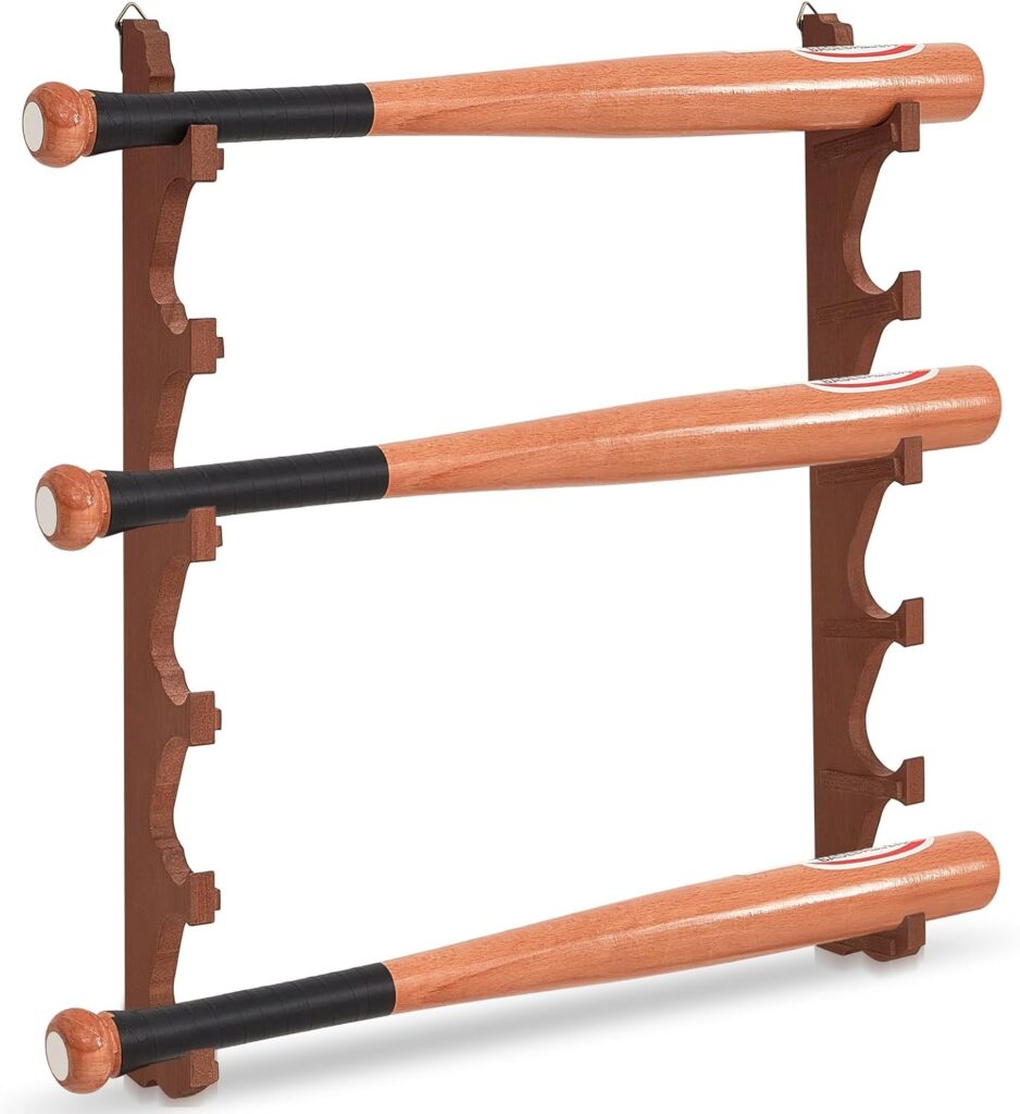 2 Pcs Baseball Bat Wall Mount Display Wood Bat Rack with Holders Horizontal Baseball Bats Holder with Hidden Holes Screws Anchor for Hockey Stick Memorabilia Collectible(Six,Walnut)