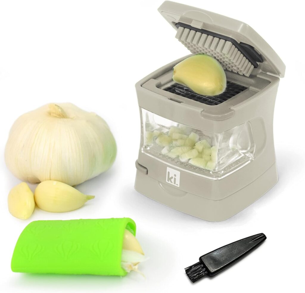Garlic-A-Peel Garlic Press, Crusher, Cutter, Mincer, and Storage Container – Includes Silicone Garlic Peeler – Easy to Clean – Stainless Steel Blades – (Cream), standard