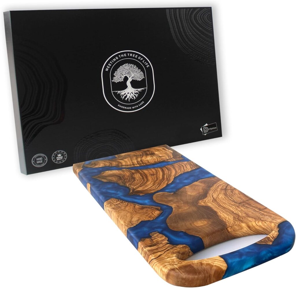 Handmade Olive Wood Round Cutting Board Resin Round Charcuterie Board, Epoxy Wood Cutting Board for Kitchen, Ocean Resin Cheese Board Wood Circle, Olive Wood Resin Pizza Board (Blue)