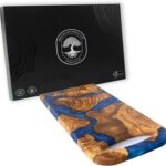 Handmade Olive Wood Round Cutting Board Resin Round Charcuterie Board, Epoxy Wood Cutting Board for Kitchen, Ocean Resin Cheese Board Wood Circle, Olive Wood Resin Pizza Board (Blue)