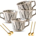 Ceramic Latte Mug Set of 4 with Gold Spoon, 11 Ounce Porcelain Cups for Latte, Hot Tea, Cappuccino, Mocha, Cocoa, Housewarming Wedding Present Gifts for Men Women Dishwasher Microwave Safe