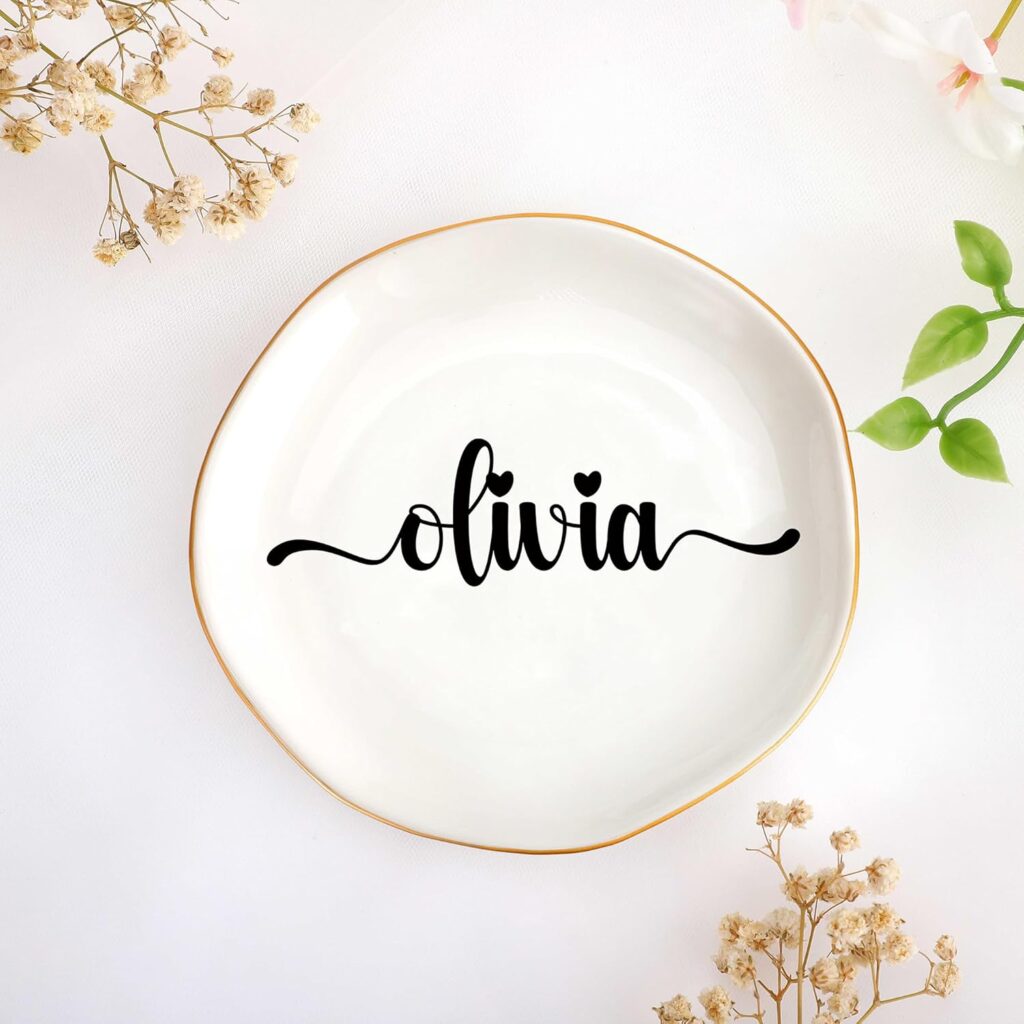 JoycuFF Olivia Personalized Name Ceramic Jewelry Tray, Mothers Day Christmas Anniversary Engagement Birthday Gifts for Women Couples, Trinket Dish for Rings Earrings Necklaces Bracelets Keys