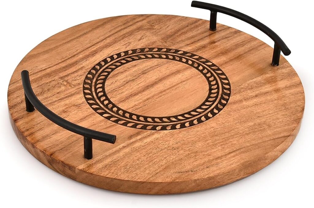 Nirman Serving Trays Iron & Acacia Wood | Round Engraved Design |with Iron Handles for Ottoman, Coffee Table, Kitchen|Farmhouse Style Food Server (12″ x 12″ x 1.75″)