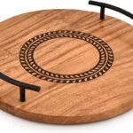 Nirman Serving Trays Iron & Acacia Wood | Round Engraved Design |with Iron Handles for Ottoman, Coffee Table, Kitchen|Farmhouse Style Food Server (12″ x 12″ x 1.75″)