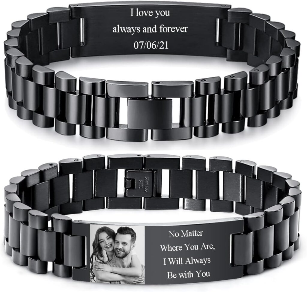Personalized Picture Bracelet for Men – Free Engraved Customized Photo Bracelets,Hypoallergenic Stainless Steel Adjustable Wristband,Custom Engraving Photo/Text/Name Bracelet Jewelry Gift for Him