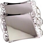 (Pack of 2) 15.6 inch x 13.2 inch Rectangular Chrome Plated Silver Serving Tray with Handles Stylish Floral Engraved Decorative Party Wedding Dessert Buffet Decor Platter Plate NC-027