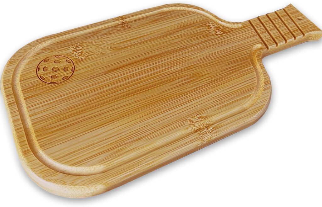 Pickleball Charcuterie Board with Handle – 12.4″ x 6.3″ Bamboo Serving Tray with Pickleball Engraving, Juice Groove & Hanging Hole – Unique Gift for Pickleball Fans & Social Gatherings