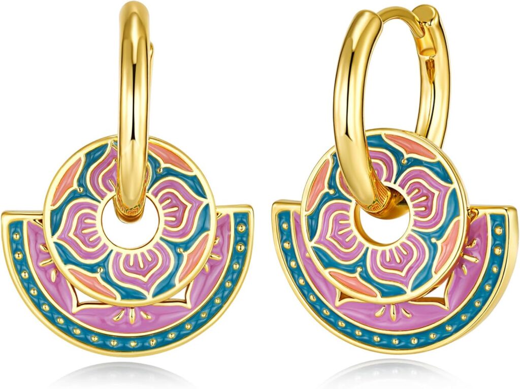 Colorful Pink Teal Blue 18K gold plated Bold Flat Round Round Flat Disc Floral Enamel Hoop Statement Drop Earrings for Women by SNGIA, Geometric Irregular Chunky Dangle Handmade Formal Trendy Summer Jewelry Gifts, Circle Disc Coin Dome Beachy Vacation Fashion Hanging Earrings Accessories, Vintage Retro Thick Bohemian Nickle Free Circular Sun Dangle Earrings.