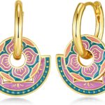 Colorful Pink Teal Blue 18K gold plated Bold Flat Round Round Flat Disc Floral Enamel Hoop Statement Drop Earrings for Women by SNGIA, Geometric Irregular Chunky Dangle Handmade Formal Trendy Summer Jewelry Gifts, Circle Disc Coin Dome Beachy Vacation Fashion Hanging Earrings Accessories, Vintage Retro Thick Bohemian Nickle Free Circular Sun Dangle Earrings.
