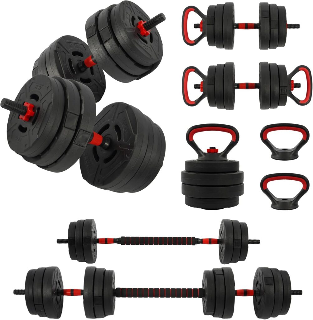 Fitvids Multi-Functional Portable Changeable Dumbbell and Barbell Kettlebell Set with Adjustable Weights, 40LBS or 60LBS Sets, 2-in-1 or 4-in1, Multiple Sizes