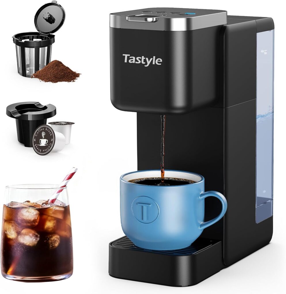 Single Serve Coffee Maker, Iced and Hot Coffee Machine for K Cup & Grounds, Compact Design, 40oz Removable Water Reservoir, 6 to 24 Oz Brew Sizes, Fits 7.3″ Travel Mug, Black