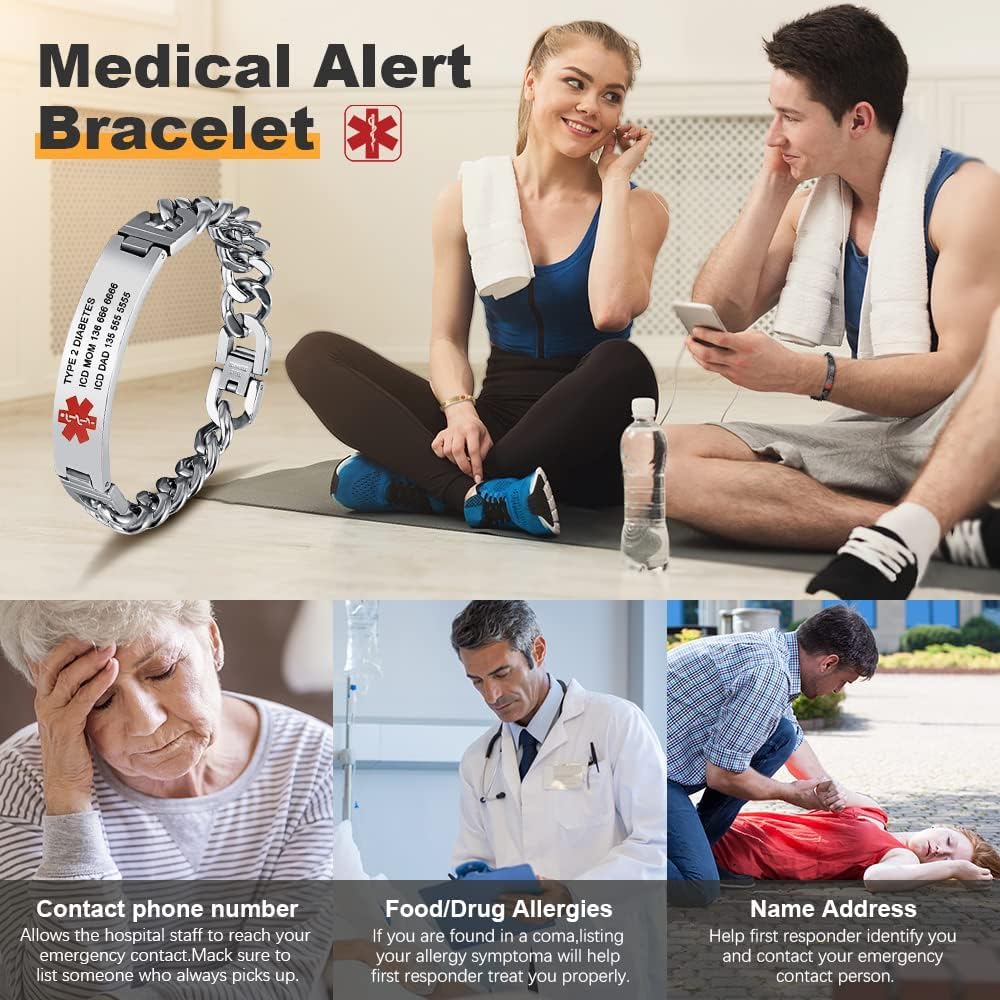 Custom Medical Alert Bracelet Engraved Emergency ID Stainless Steel Bracelets for Adults Men Women 7.5-8.5-9.8 Inch