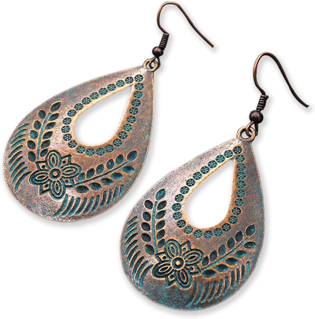 Handmade Boho Vintage Teardrop Earrings Bohemian Hammered & Engraved Earrings Boho Antiqued Earrings Unique Antique Bronze Tribal Ethnic Teardrop Shaped Drop Dangle Earrings For Women Girls