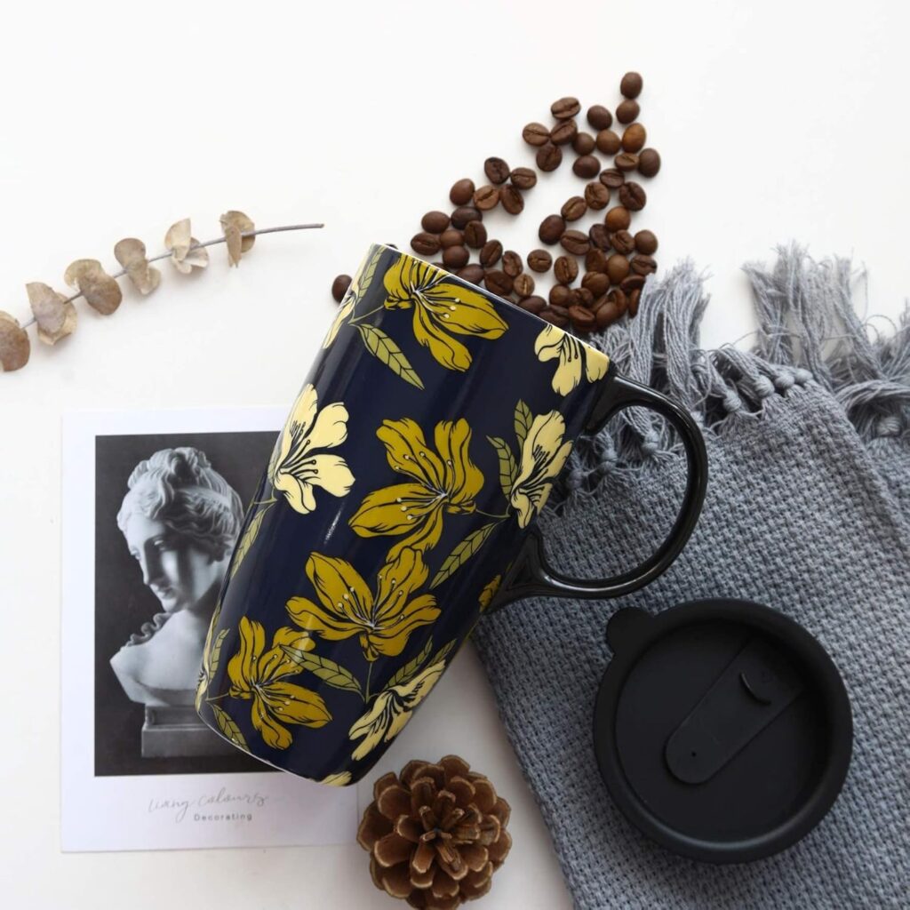 TZSSP Coffee Mug with Lid, 17oz Ceramic Mugs, Porcelain Tea & Latte Cups for Home & Office, Dishwasher Safe – Yellow