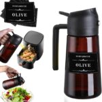 Oil Sprayer for Cooking, 16oz Glass Olive Oil Dispenser Bottle for Kitchen Gadgets, 2 in 1 Spray and Pour Dark Brown Bottle with Stickers for Air Fryer, Salad