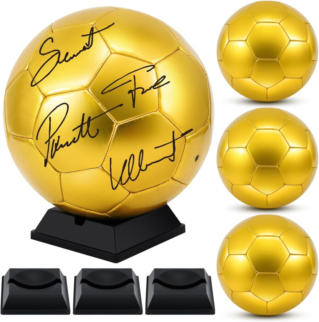 Hiboom 4 Pcs Gold Autograph Soccer Ball with Display Stand Air Pump for Trophies Anniversary High School College Coaching Gift Awards Championship Party