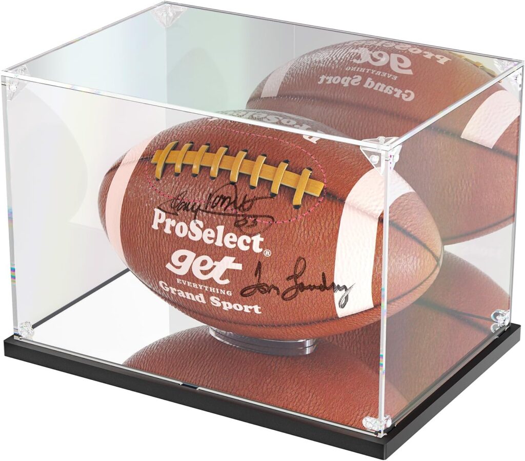 Football Display Case with Mirror Back and Base, Acrylic Display Case for Full Size Football Self Assembly(12x8x8 inch, 30x20x20 cm)