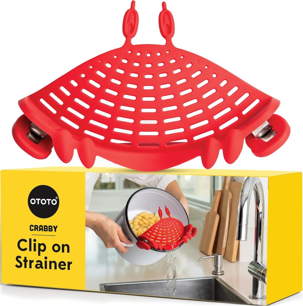 NEW Crabby Clip-On Strainer by OTOTO – Silicone and Stainless Steel Pasta Strainer, Funny Gifts, Cute Kitchen Accessories, Red Crab, Cool Kitchen Gadgets
