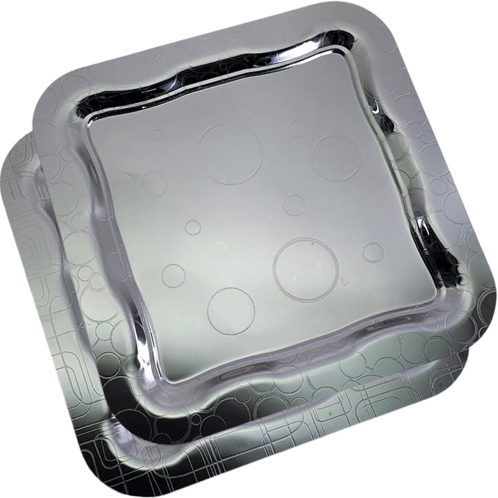 (Pack of 2) 13.4 inch x 13.4 inch Square Chrome Plated Silver Serving Tray Stylish Design Floral Line Bubble Engraved Edge Decorative Birthday Dessert Buffet Platter Plate NC-007