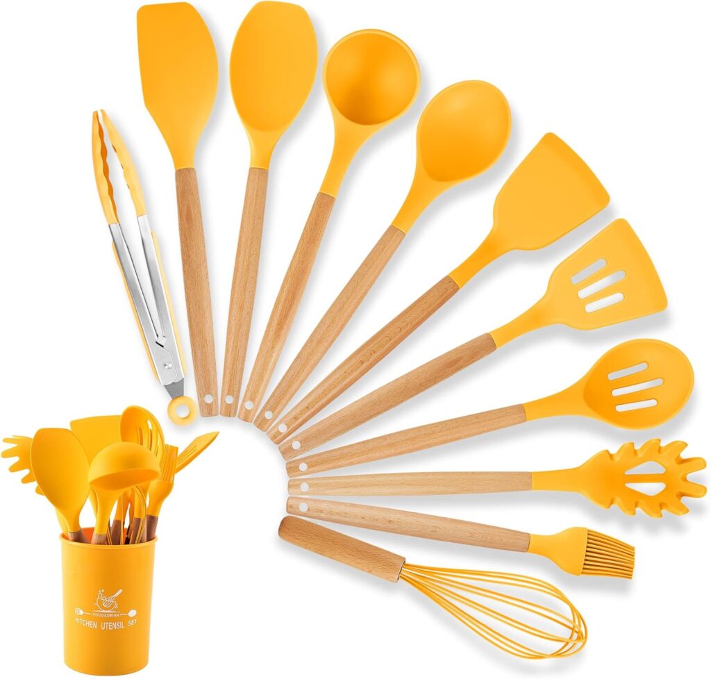 Silicone Cooking Utensils, 12 Pcs Kitchen Utensil Set 446°F Heat Resistant,Turner Tongs Spatula Spoon Brush Whisk with Wooden Handles, Blue Kitchen Gadgets Tools Set for Nonstick Cookware (BPA Free)