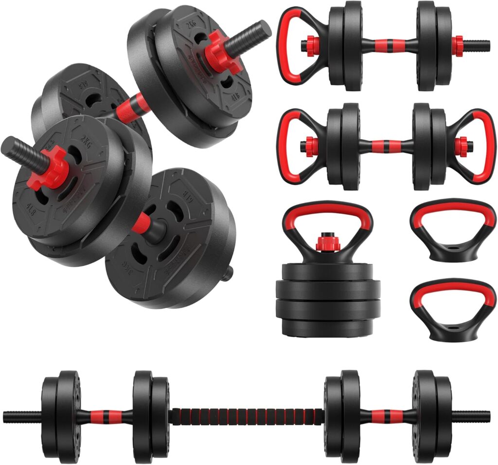 Fitvids Multi-Functional Portable Changeable Dumbbell and Barbell Kettlebell Set with Adjustable Weights, 40LBS or 60LBS Sets, 2-in-1 or 4-in1, Multiple Styles