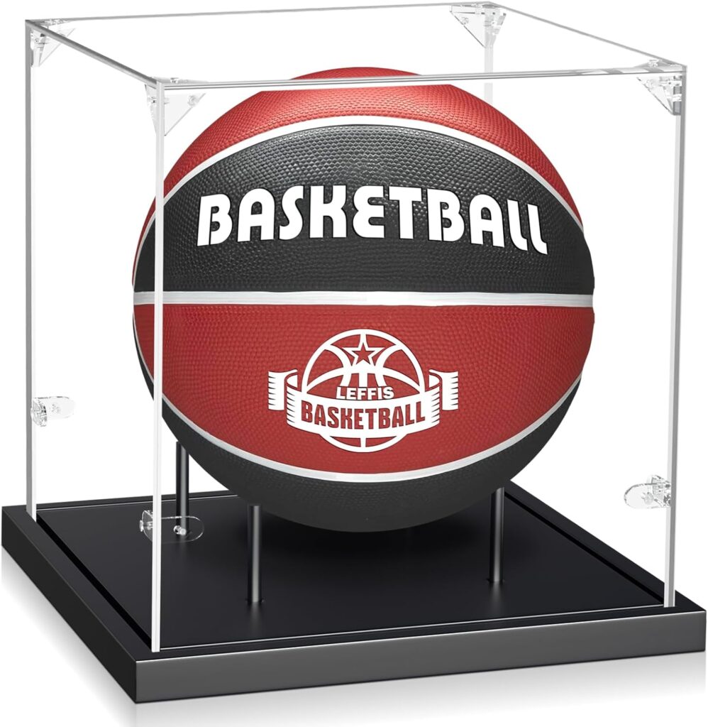 Leffis Basketball Display Case – UV Protected Acrylic Case With Solid Wood Base, Stand for Autographed Standard NBA WNBA Ball Memorabilia Keepsake