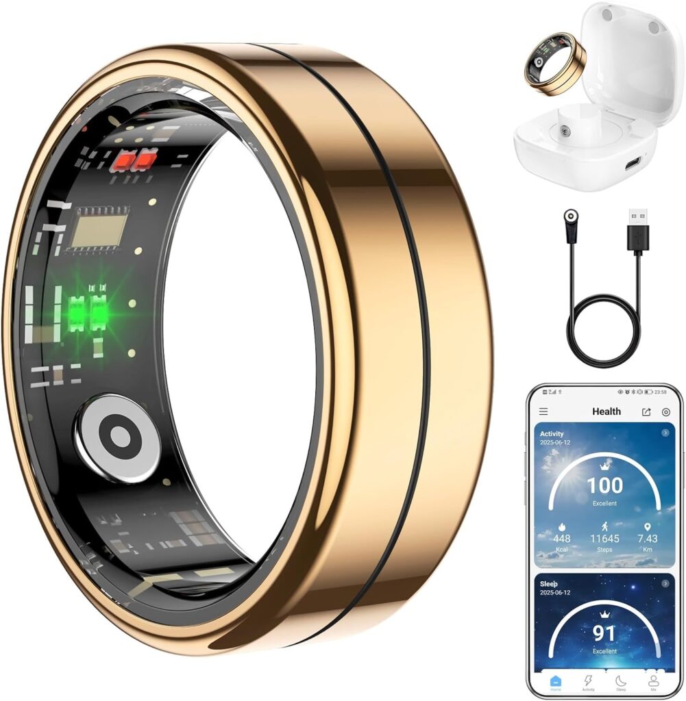 Fit Ring for Women Men, Ring Health Tracker with Heart Rate,Blood Oxygen,Heart Rate Variability, Stress, Sleep Monitor, Step Counter, Smart Ring for iPhone & Android, No Subscription Fee (Gold, 9#)