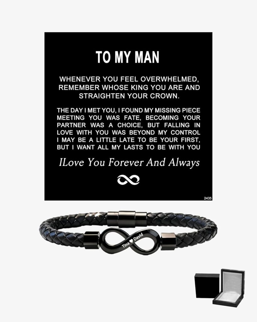 ziella To My Man,Personalized Dual Name Infinity Leather Bracelet,Personalized Custom Name Stainless Steel Bracelet Valentine Birthday Christmas Gifts for Him