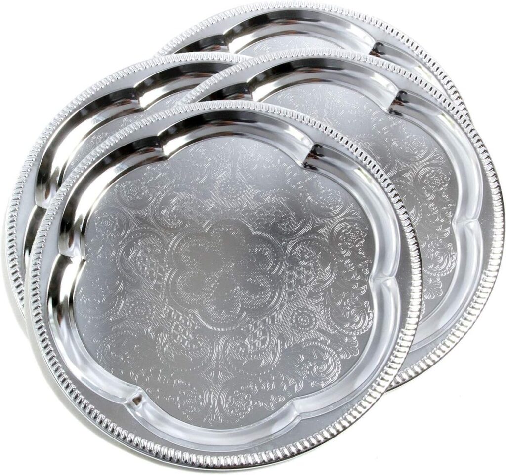 (Pack of 4) 13.8-Inch Elegant Round Floral Pattern Engraved Catering Chrome Plated Serving Plate Mirror Tray Platter Tableware Holiday Wedding Birthday Party Deco Art (Medium) T226-4pk