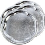 (Pack of 4) 13.8-Inch Elegant Round Floral Pattern Engraved Catering Chrome Plated Serving Plate Mirror Tray Platter Tableware Holiday Wedding Birthday Party Deco Art (Medium) T226-4pk
