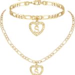 YANODA Gold Initial Pendant Necklace Anklet Bracelet for Women 14K Gold Plated Figaro Chain Letter Initial Heart Necklace Anklets Alphabet Foot Jewelry Personalized Jewelry for Women