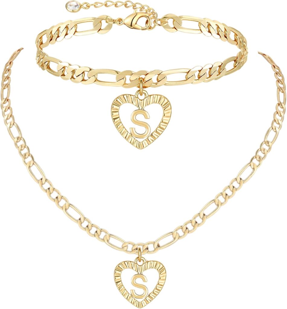 YANODA Gold Initial Pendant Necklace Anklet Bracelet for Women 14K Gold Plated Figaro Chain Letter Initial Heart Necklace Anklets Alphabet Foot Jewelry Personalized Jewelry for Women