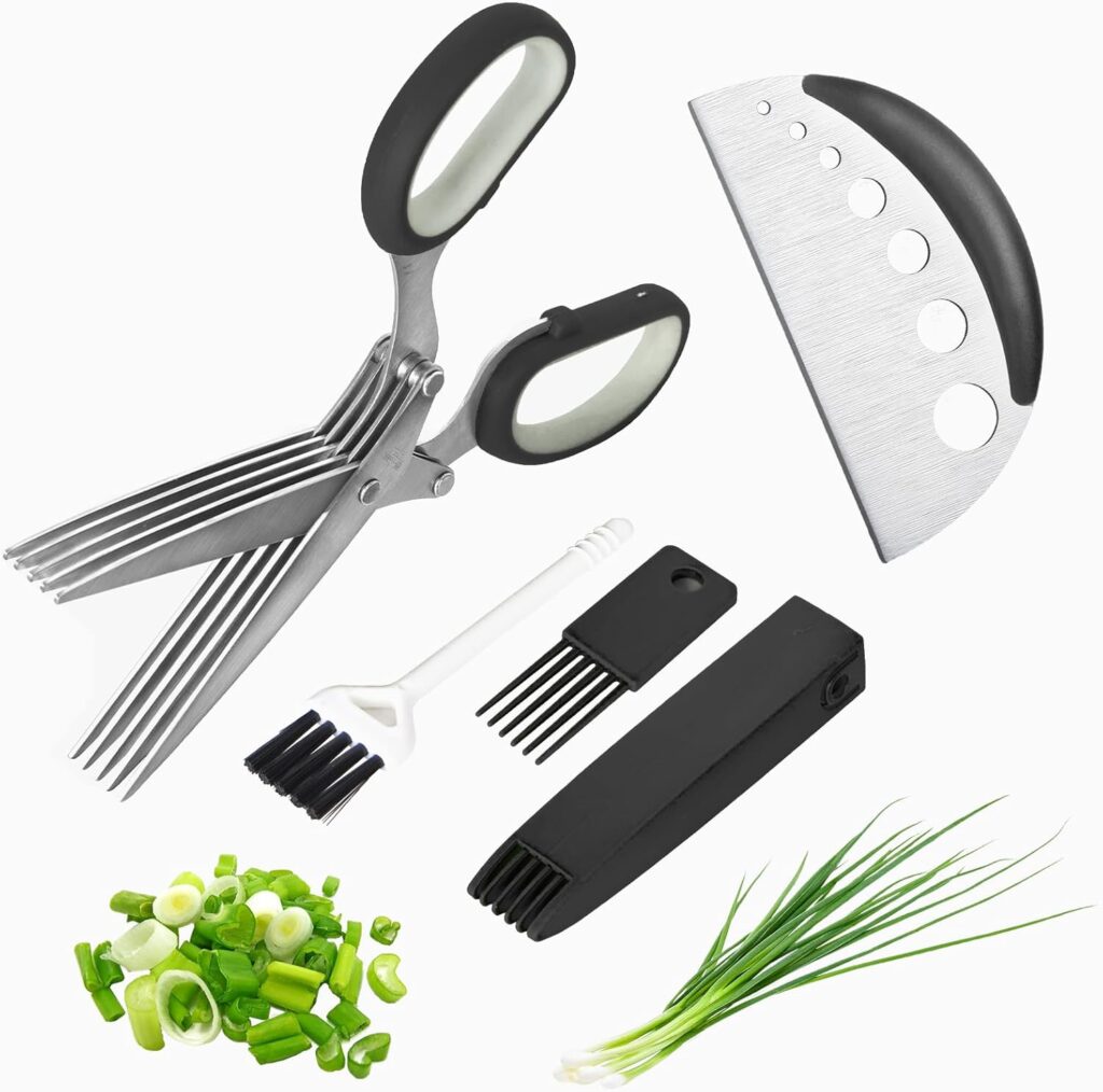 Herb Scissors Salad Scissors, Upgrade Herb Scissors with 5 Blades and Cover + 2 Brush, Kitchen Salad Scissors with Herb Stripping, Multi Scissors Herb Cutter, Smart Cutter Food Scissors Chopper, Black