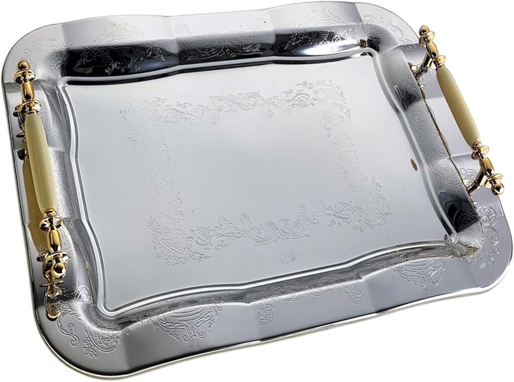 16.9 inch x 12.2 inch Oblong Chrome Plated Serving Tray with Iron Gold Handles Stylish Design Floral Engraved Edge Decorative Party Wedding Dessert Buffet Wine Platter Plate Gift NC-029