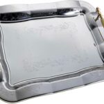 16.9 inch x 12.2 inch Oblong Chrome Plated Serving Tray with Iron Gold Handles Stylish Design Floral Engraved Edge Decorative Party Wedding Dessert Buffet Wine Platter Plate Gift NC-029