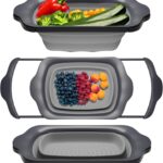 XL Large Kitchen Strainer by Comfify – Collapsible Silicone Over-The-Sink Colander with Extendable Handles – Use with Pasta, Fruit, Berries & Veggie – 6 Quart – Gray