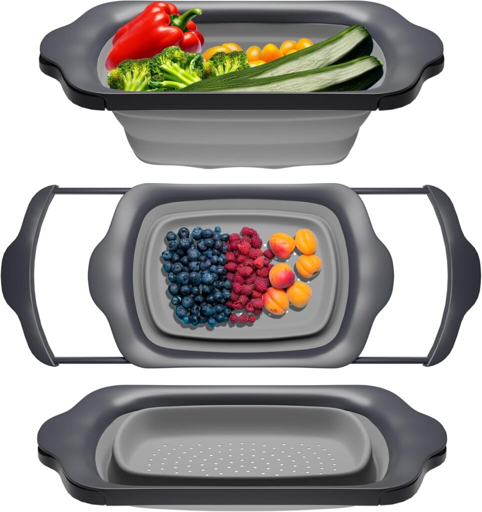 XL Large Kitchen Strainer by Comfify – Collapsible Silicone Over-The-Sink Colander with Extendable Handles – Use with Pasta, Fruit, Berries & Veggie – 6 Quart – Gray