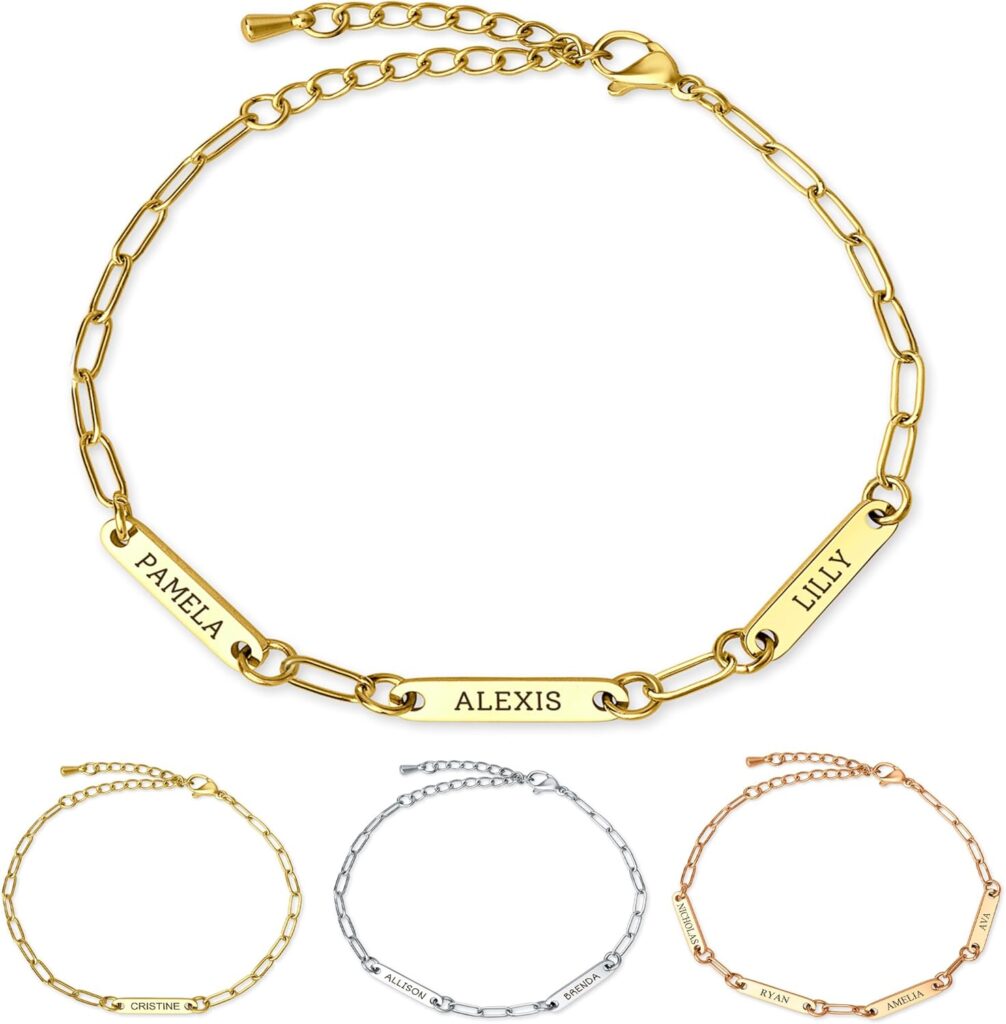 Anavia Personalized Paperclip Chain Bracelet, Customized Engraving Name Date Initial Link Chain Bracelet for Mother Couples BFF Friendship Sisters Family, Love Connection Handmade Jewelry Gift