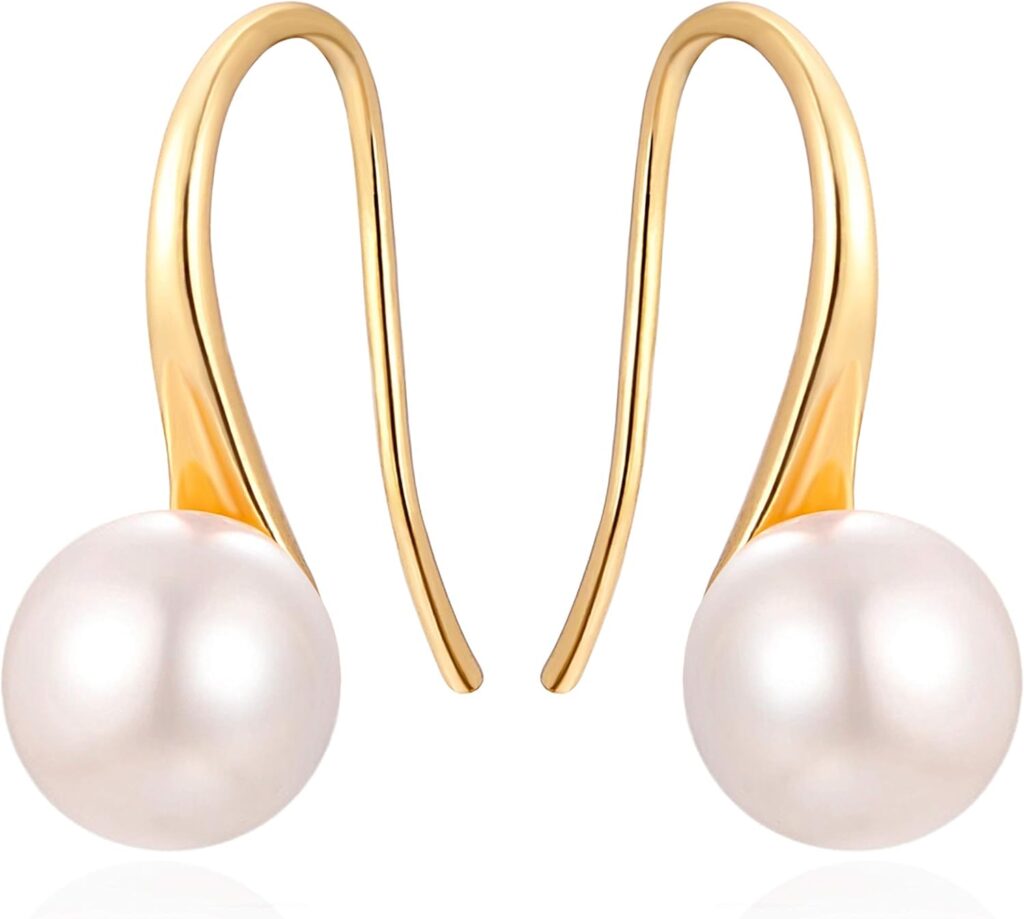 925 Sterling Silver Hoop Handpicked AAA+ Quality 7.5-8mm White Freshwater Cultured Pearl Dangle Drop Earrings Jewelry for Women