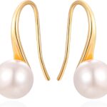 925 Sterling Silver Hoop Handpicked AAA+ Quality 7.5-8mm White Freshwater Cultured Pearl Dangle Drop Earrings Jewelry for Women