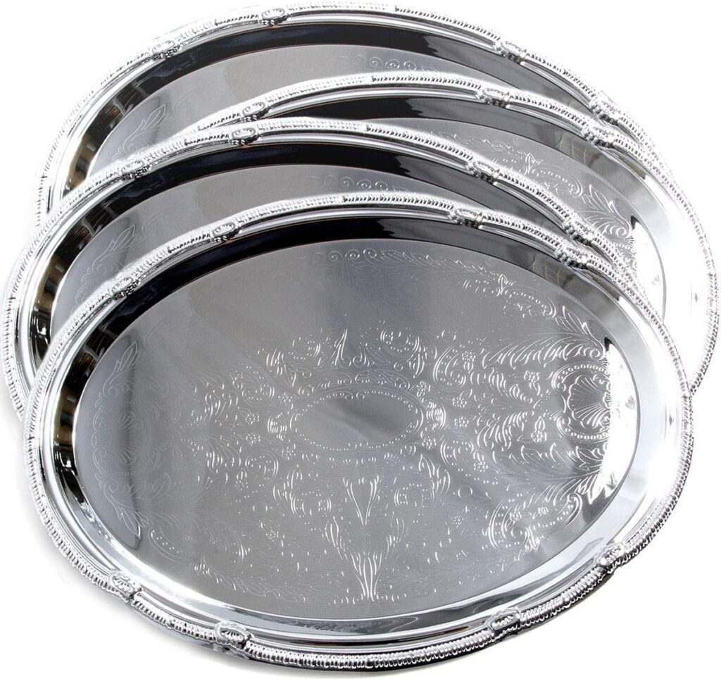 (Pack of 4) 17.7-Inch x 12.9-Inch Oval Shape Chrome Plated Serving Tray Plate Food Art Decor Floral Pattern Engraved Holiday Party Buffet Wedding Birthday (X-Large) T125xl-4pk