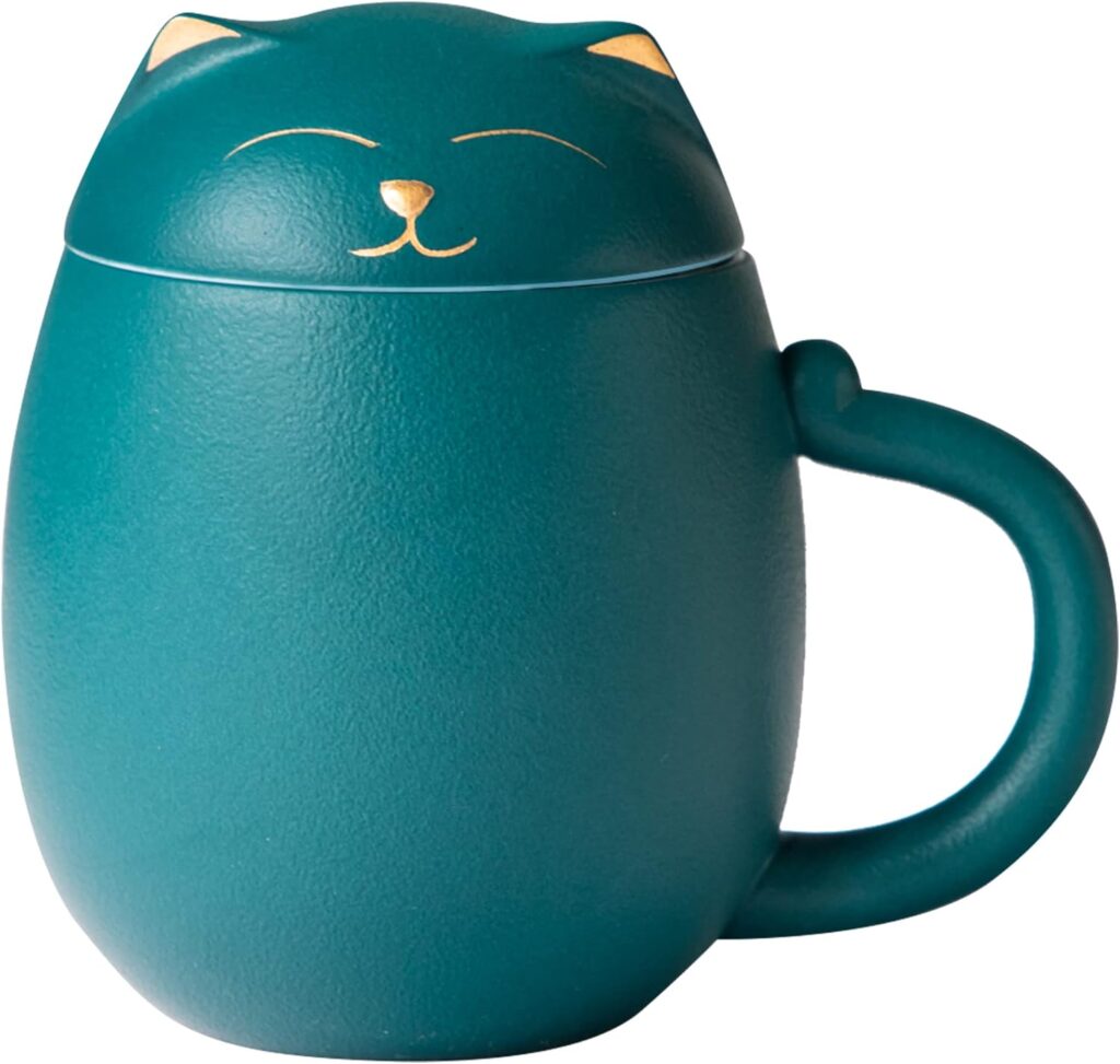 HEER Cat Tea Cup with Infuser and Lid, Cute Tea Mug with Strainer for Steeping Loose Leaf, Ceramic Teacup Birthday Christmas Cat Lover Gifts for Women, Men, Mom, Sisters, besties. (Green)