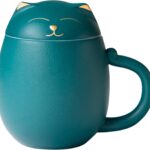 HEER Cat Tea Cup with Infuser and Lid, Cute Tea Mug with Strainer for Steeping Loose Leaf, Ceramic Teacup Birthday Christmas Cat Lover Gifts for Women, Men, Mom, Sisters, besties. (Green)